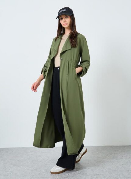 Women Solid Trench Coat Kimono with Roll-Up Sleeve